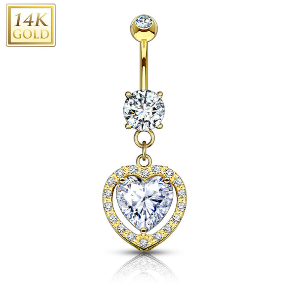 Heart Dangle with Heart Shaped Solitaire CZ 14KT Gold Dangle WildKlass Navel Ring-WildKlass Jewelry