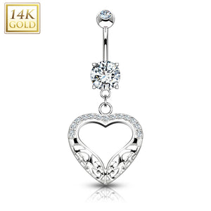 Filigree Heart Dangle with CZ 14KT Gold Dangle WildKlass Navel Ring-WildKlass Jewelry