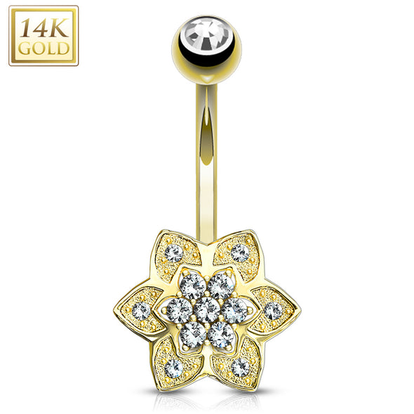 Gem Paved 6 Petals CZ Cluster Center 14 Karat Solid Gold WildKlass Navel Ring-WildKlass Jewelry