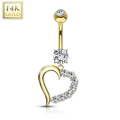 14 Karat Solid Gold Clear CZ Journey Heart WildKlass Navel Ring-WildKlass Jewelry