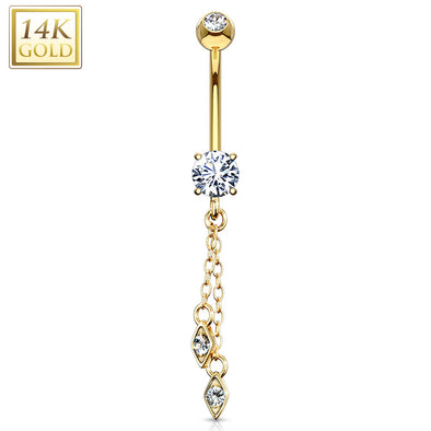 Hanging Jeweled Dangle 14 Karat Solid Yellow Gold CZ Prong WildKlass Navel Ring-WildKlass Jewelry
