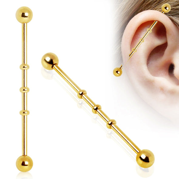 Gold Plated Industrial Barbell with Three Notches-WildKlass Jewelry