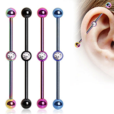 PVD Plated Industrial Barbell with Gem Ball in the Center-WildKlass Jewelry