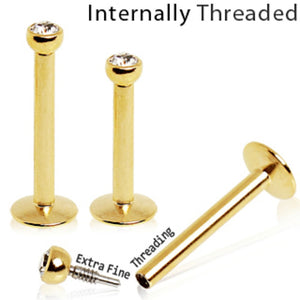 Internally Threaded Gold Plated Labret with Press Fit Cubic Zirconia-WildKlass Jewelry