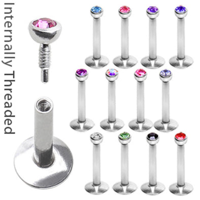 316L Surgical Steel Internally Threaded Labret/Monroe with 2mm Gemmed Ball-WildKlass Jewelry