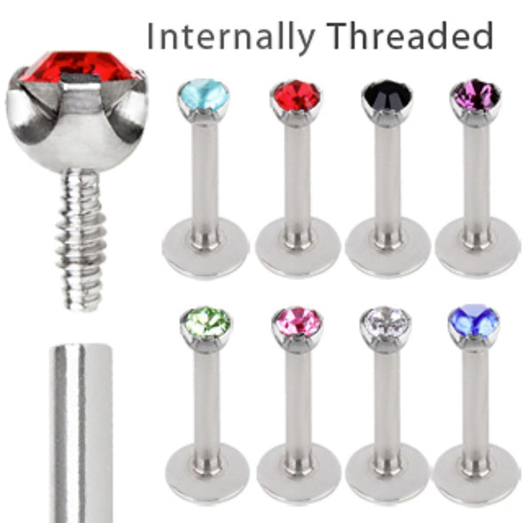 316L Surgical Steel Internally Threaded Labret with Prong Set Gem Top-WildKlass Jewelry