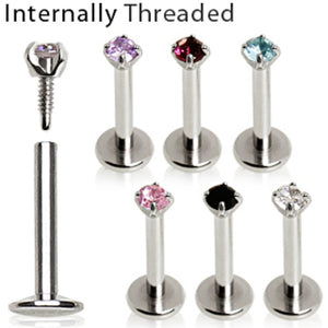 316L Surgical Steel Internally Threaded Labret with Prong Set Round CZ Top-WildKlass Jewelry