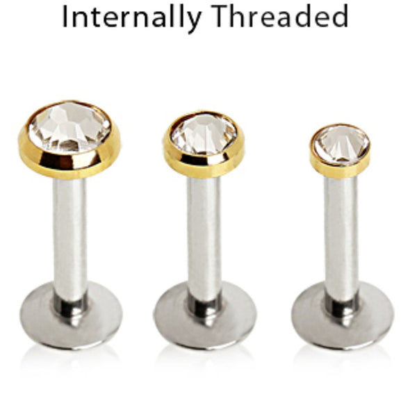 316L Surgical Steel Internally Threaded Labret with Gold Plated Flat Gem Top-WildKlass Jewelry