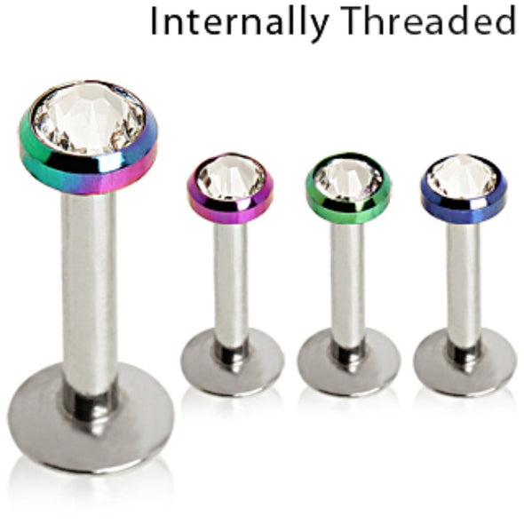 316L Internally Threaded Flat PVD Plated Top with Clear CZ Labret-WildKlass Jewelry