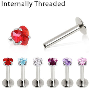 316L Surgical Steel Internally Threaded Labret with Prong Set Heart Gem Top-WildKlass Jewelry