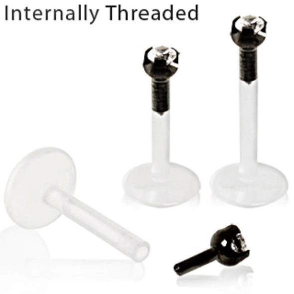 Internally Threaded BioFlex / PTFE Labret with Black PVD Plated Prong Set Clear CZ Top-WildKlass Jewelry
