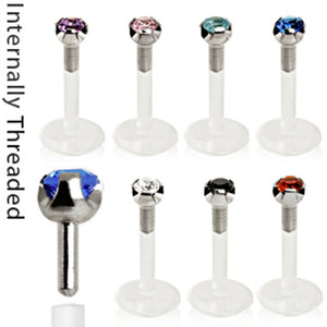 Internally Threaded Bio Flex PTFE Labret with 316L Surgical Steel Prong Set CZ Top-WildKlass Jewelry