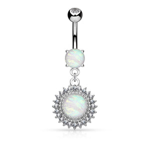 Opal Glitter Set Crystal Paved Round Shield Dangle Surgical Steel WildKlass Belly Button Navel Rings-WildKlass Jewelry
