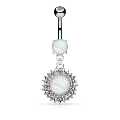 Opal Glitter Set Crystal Paved Round Shield Dangle Surgical Steel WildKlass Belly Button Navel Rings-WildKlass Jewelry