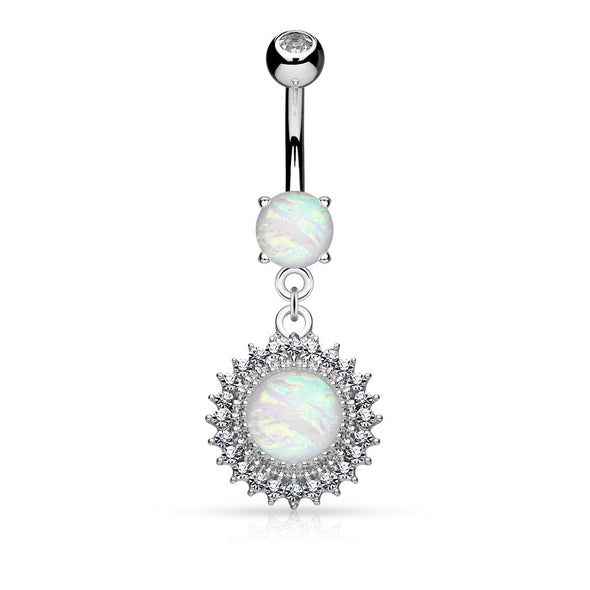 Opal Glitter Set Crystal Paved Round Shield Dangle Surgical Steel WildKlass Belly Button Navel Rings-WildKlass Jewelry