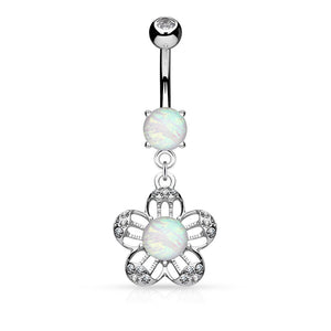 Opal Glitter Center Flower Dangle Surgical Steel WildKlassBelly Button Navel Rings-WildKlass Jewelry