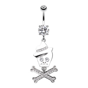 Fedora Skull & Crossbones Sparkle Belly Button Ring-WildKlass Jewelry
