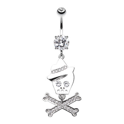 Fedora Skull & Crossbones Sparkle Belly Button Ring-WildKlass Jewelry