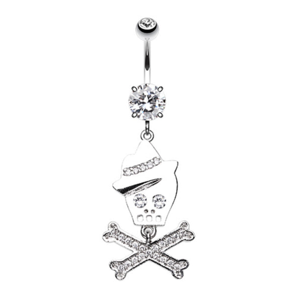 Fedora Skull & Crossbones Sparkle Belly Button Ring-WildKlass Jewelry