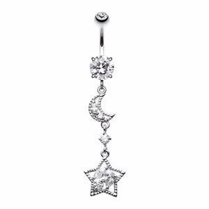 Dainty Crescent Moon and Star Belly Button Ring-WildKlass Jewelry