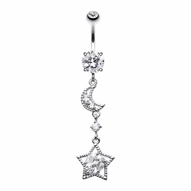 Dainty Crescent Moon and Star Belly Button Ring-WildKlass Jewelry