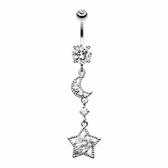 Dainty Crescent Moon and Star Belly Button Ring-WildKlass Jewelry