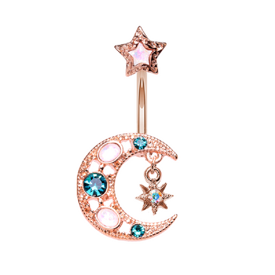 Rose Gold Stellar Opal Moon Star WildKlass Belly Button Ring-WildKlass Jewelry