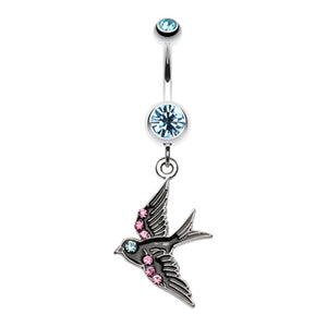 Jeweled Flying Swallow Dangle Belly Button Ring-WildKlass Jewelry
