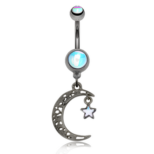 Hematite Revo Filigree Moon Star Sparkle WildKlass Belly Button Ring-WildKlass Jewelry