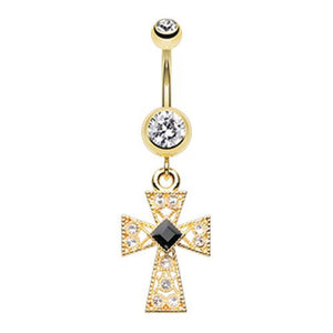 Golden Gemmed Iron Cross WildKlass Belly Button Ring-WildKlass Jewelry