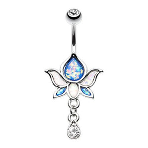 Opal Lotus Flower Drop Dangle WildKlass Belly Button Ring-WildKlass Jewelry