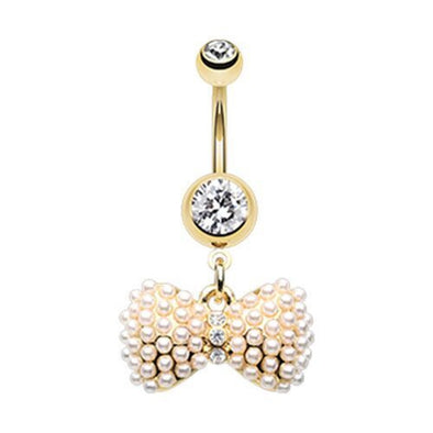 Golden Vintage Pearl Bow Tie WildKlass Belly Button Ring-WildKlass Jewelry