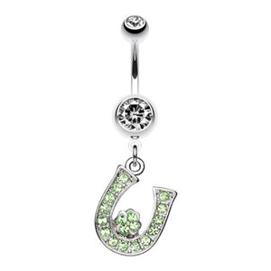 Jeweled Four Leaf Clover on Horseshoe Belly Button Ring-WildKlass Jewelry