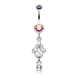 Elegant Jeweled Pearl Dangle Belly Button Ring-WildKlass Jewelry