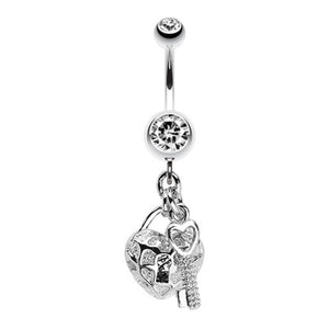 Puffed Heart Lock & Key Charm Dangle Belly Button Ring-WildKlass Jewelry
