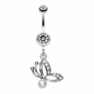 Elegant Butterfly Pearl Belly Button Ring-WildKlass Jewelry