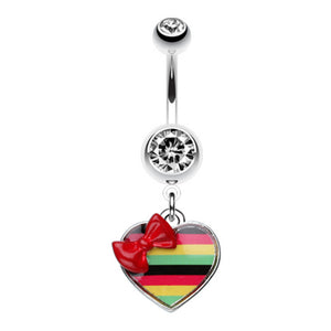 Rasta Stripe Red Bow Heart Belly Button Ring-WildKlass Jewelry