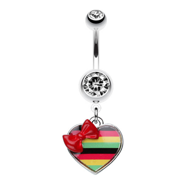 Rasta Stripe Red Bow Heart Belly Button Ring-WildKlass Jewelry