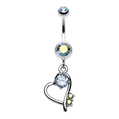 Sparkling Stone in Heart Dangle Belly Button Ring-WildKlass Jewelry