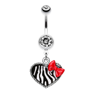 Cute Zebra Heart Red Bow Charm Belly Button Ring-WildKlass Jewelry