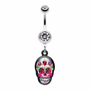 Brightly Colored Sugar Skull Print Belly Button Ring-WildKlass Jewelry