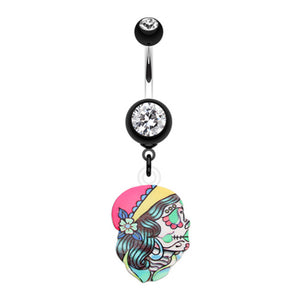 Dia De Los Muertos Retro Skull Belly Button Ring-WildKlass Jewelry