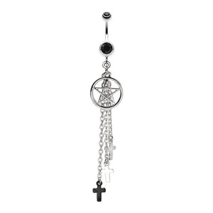 Pentagram Triple Cross Charm Dangle Belly Button Ring-WildKlass Jewelry