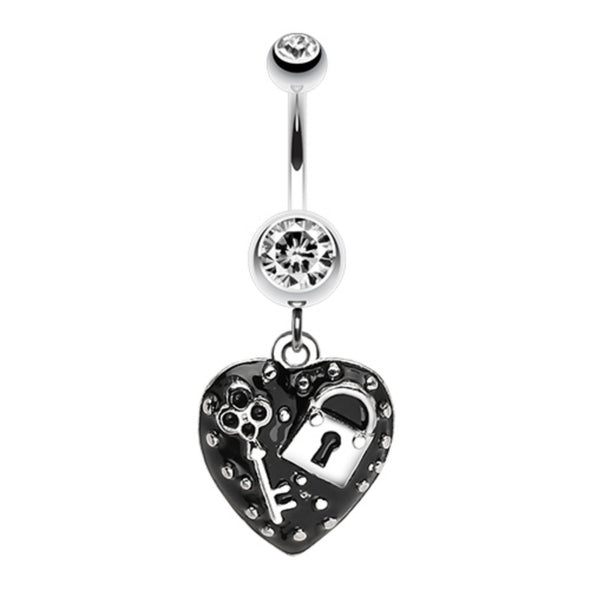 Lock & Key on Black Heart Dangle Belly Button Ring-WildKlass Jewelry