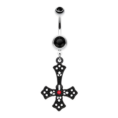 Upside Down Cross Gem Dangle Belly Button Ring-WildKlass Jewelry