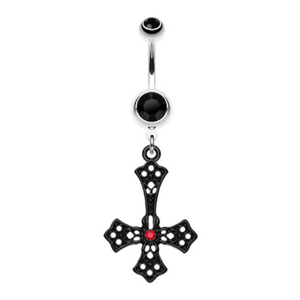 Upside Down Cross Gem Dangle Belly Button Ring-WildKlass Jewelry