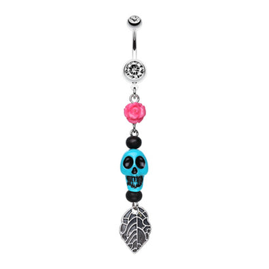Colorful Rose Skull Leaf Dangle Belly Button Ring-WildKlass Jewelry