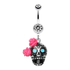 Bright Sugar Skull Rose Belly Button Ring-WildKlass Jewelry