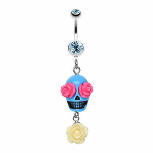 Florid Sugar Skull Dangle Belly Button Ring-WildKlass Jewelry