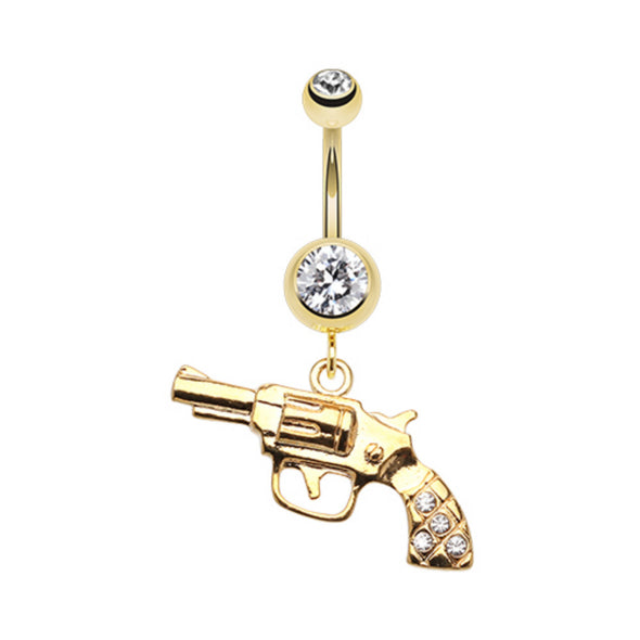 Golden Pistol Gun Sparkle Belly Button Ring-WildKlass Jewelry